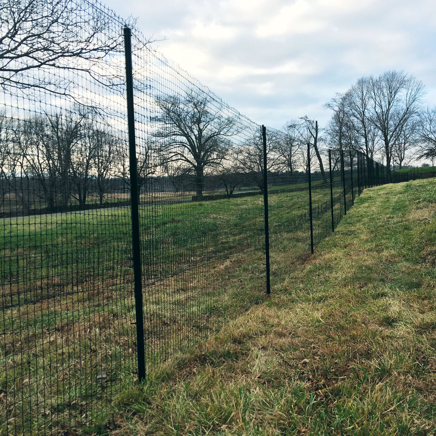A black mesh fence on a grassy hill, bordering a field with trees in the background under a cloudy sky.