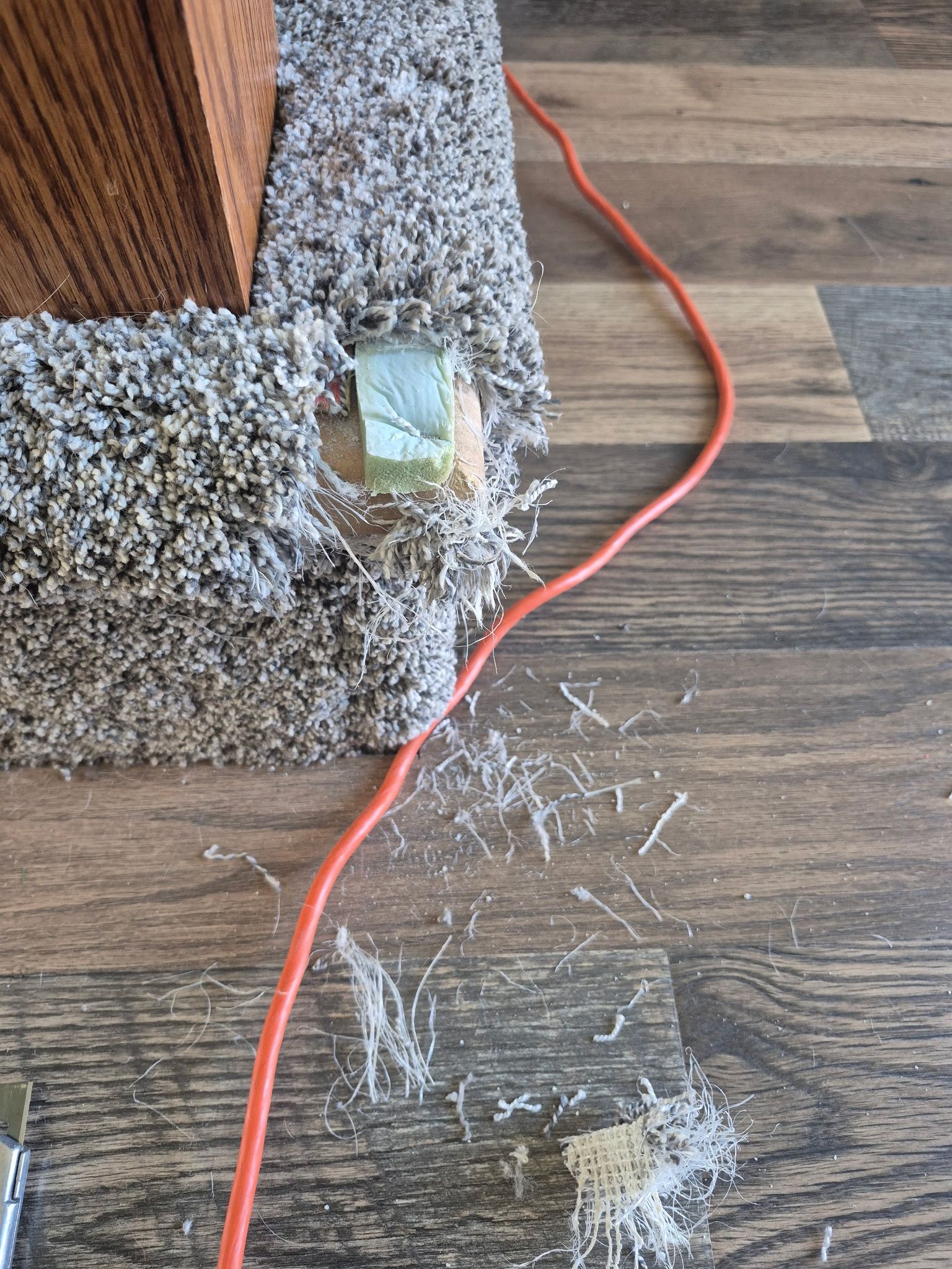 Orange electrical cord over carpet and wood flooring. Carpeting appears damaged.