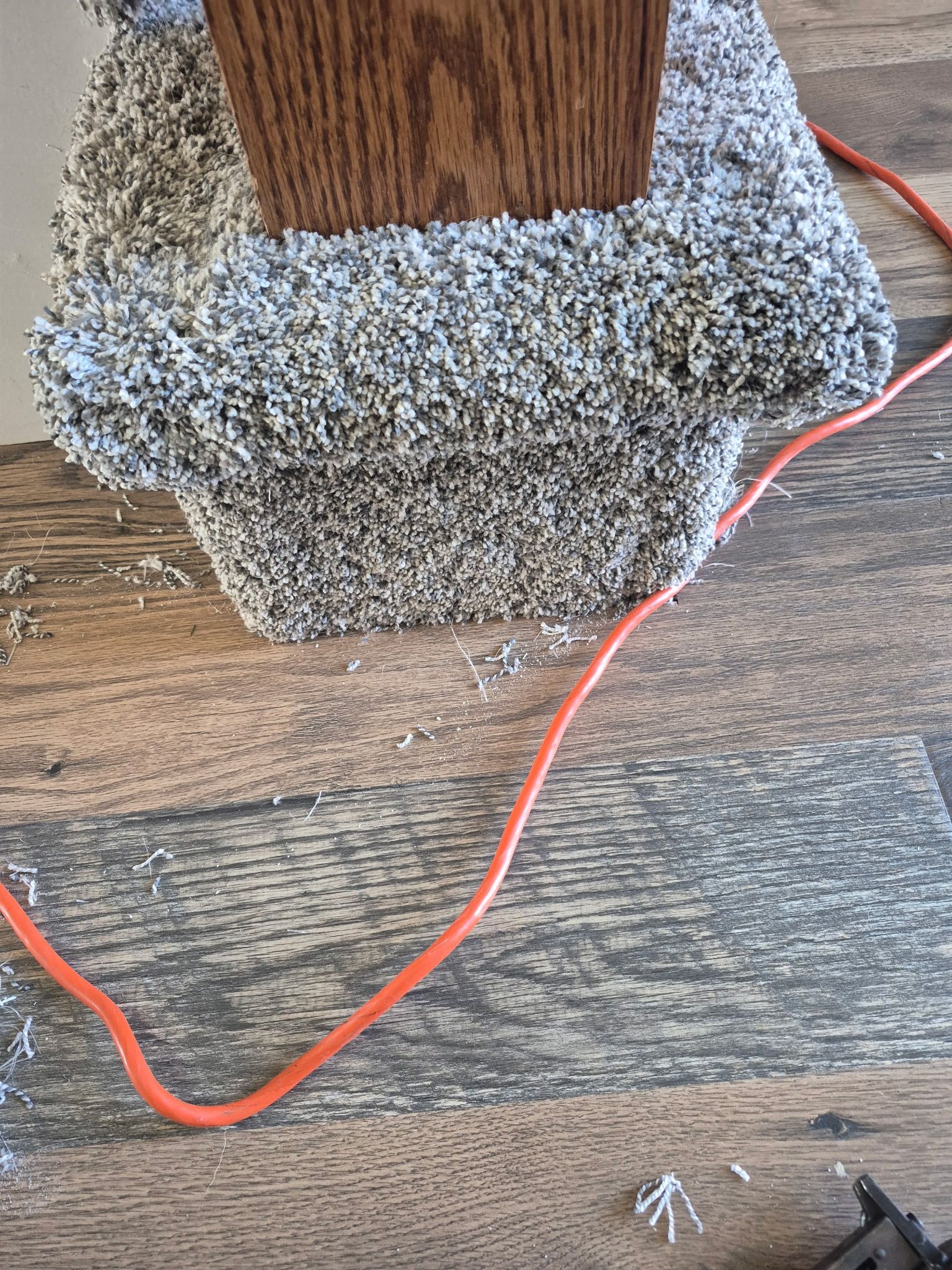 Orange electrical cord on wood floor, near a carpeted base and wooden structure.