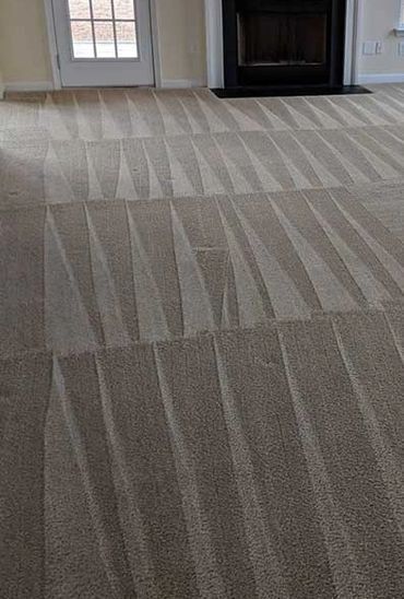 A living room with a fireplace and a carpeted floor.