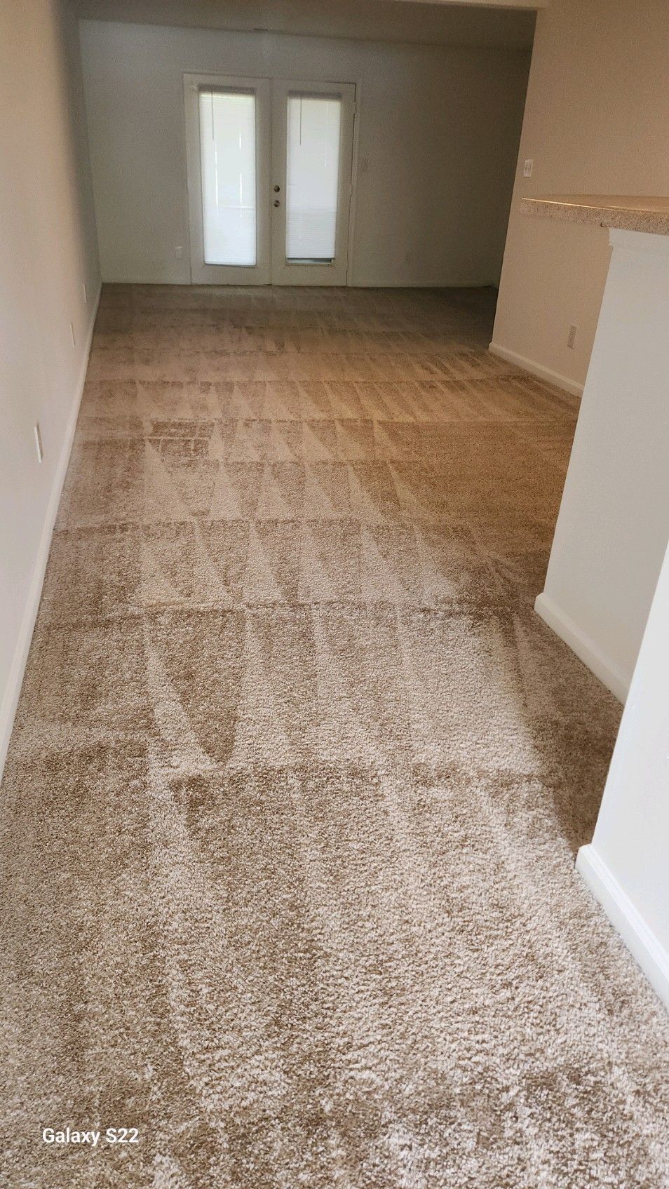 An empty living room with a carpeted floor and sliding glass doors.