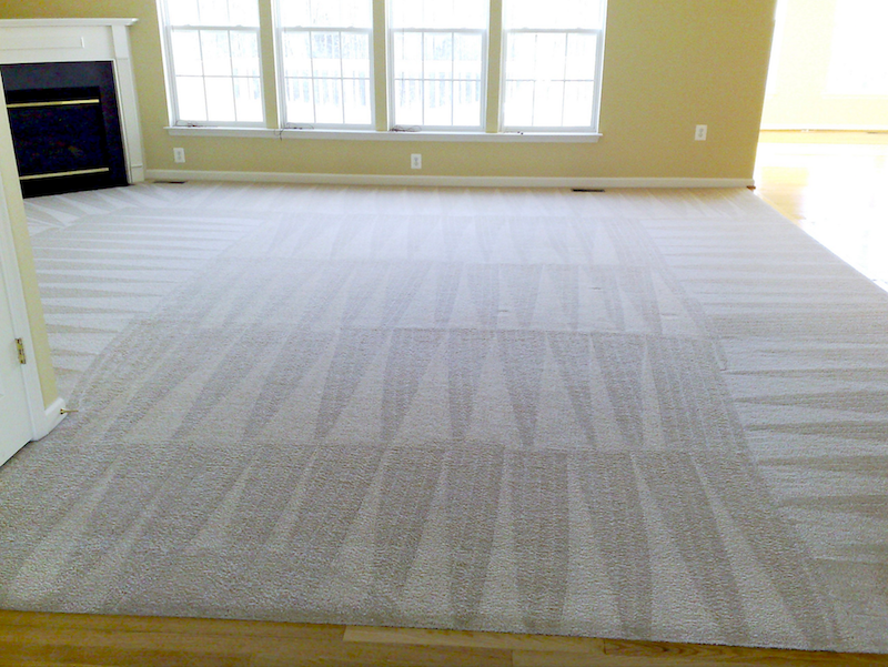 A living room with a fireplace and a large rug