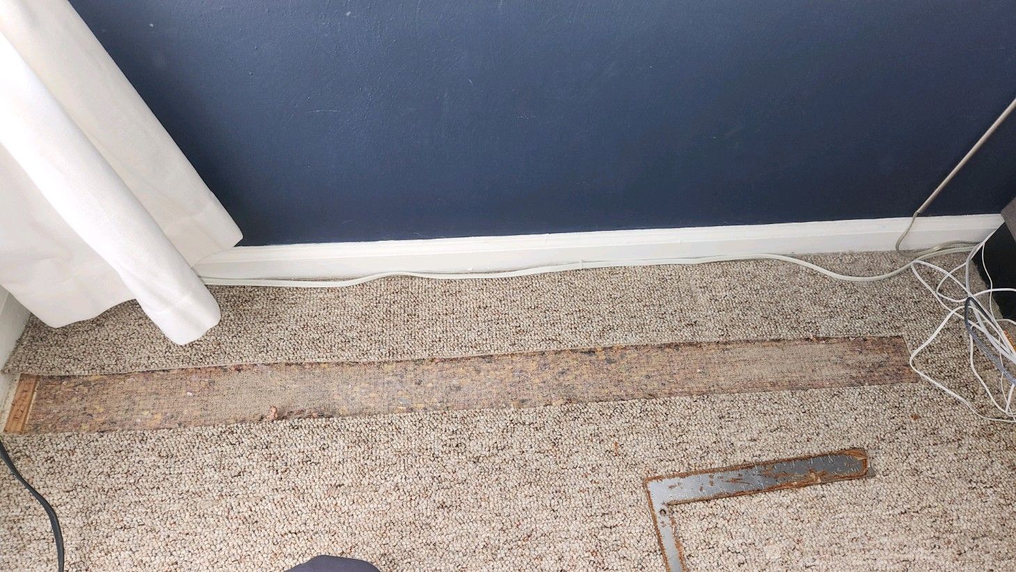 A piece of wood is laying on a carpet in a room.