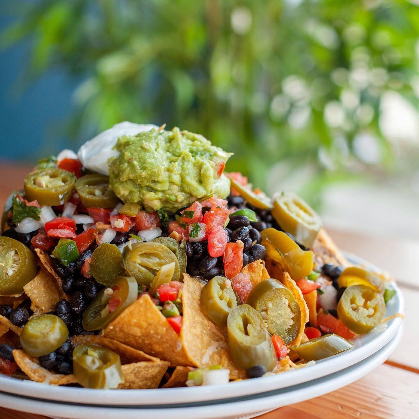 Nachos with guacamole, jalapeños, black beans, tomatoes, and sour cream on a white plate.