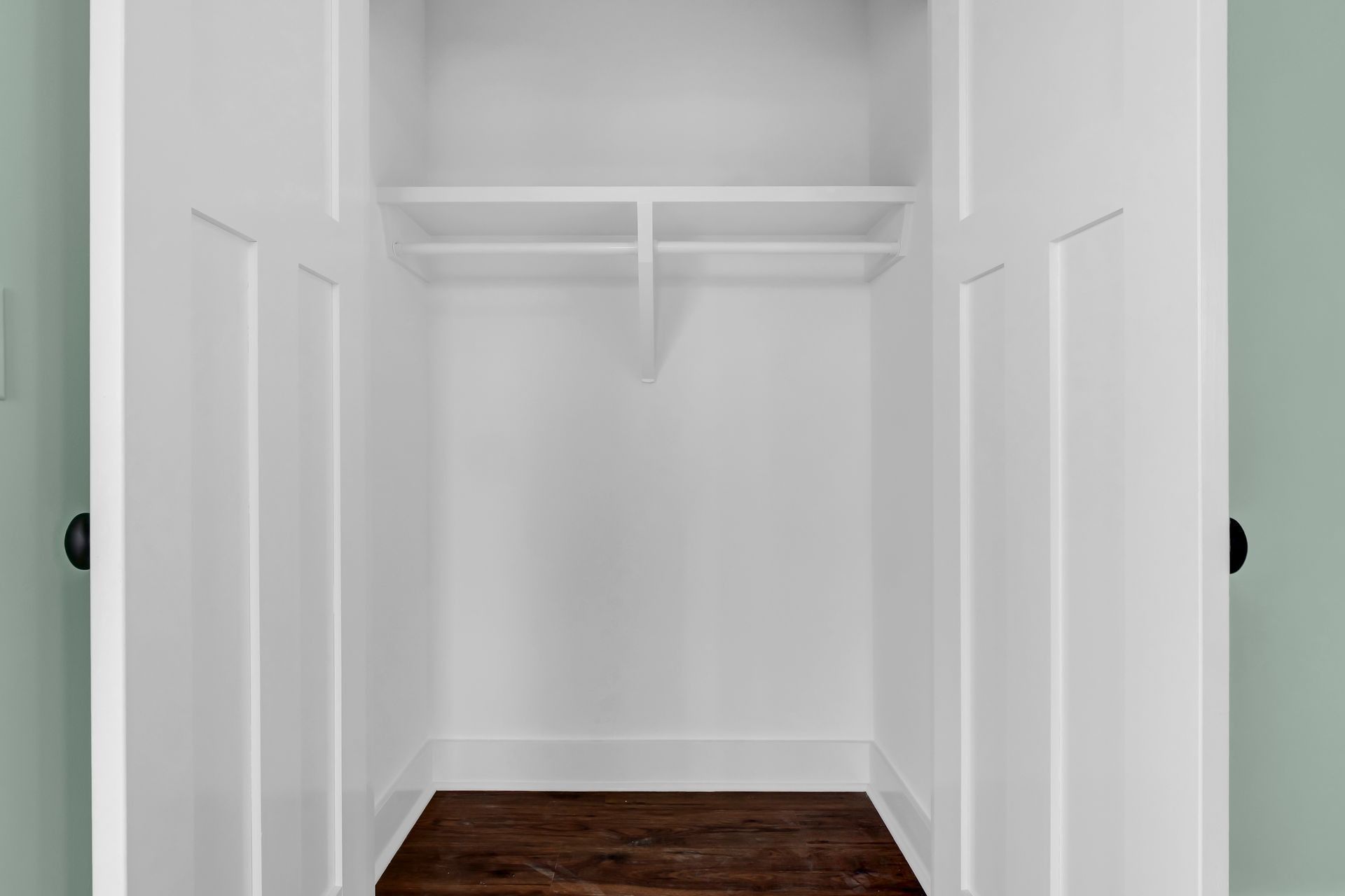 White empty closet with shelves and rod; doors open. Wooden floor, green walls.