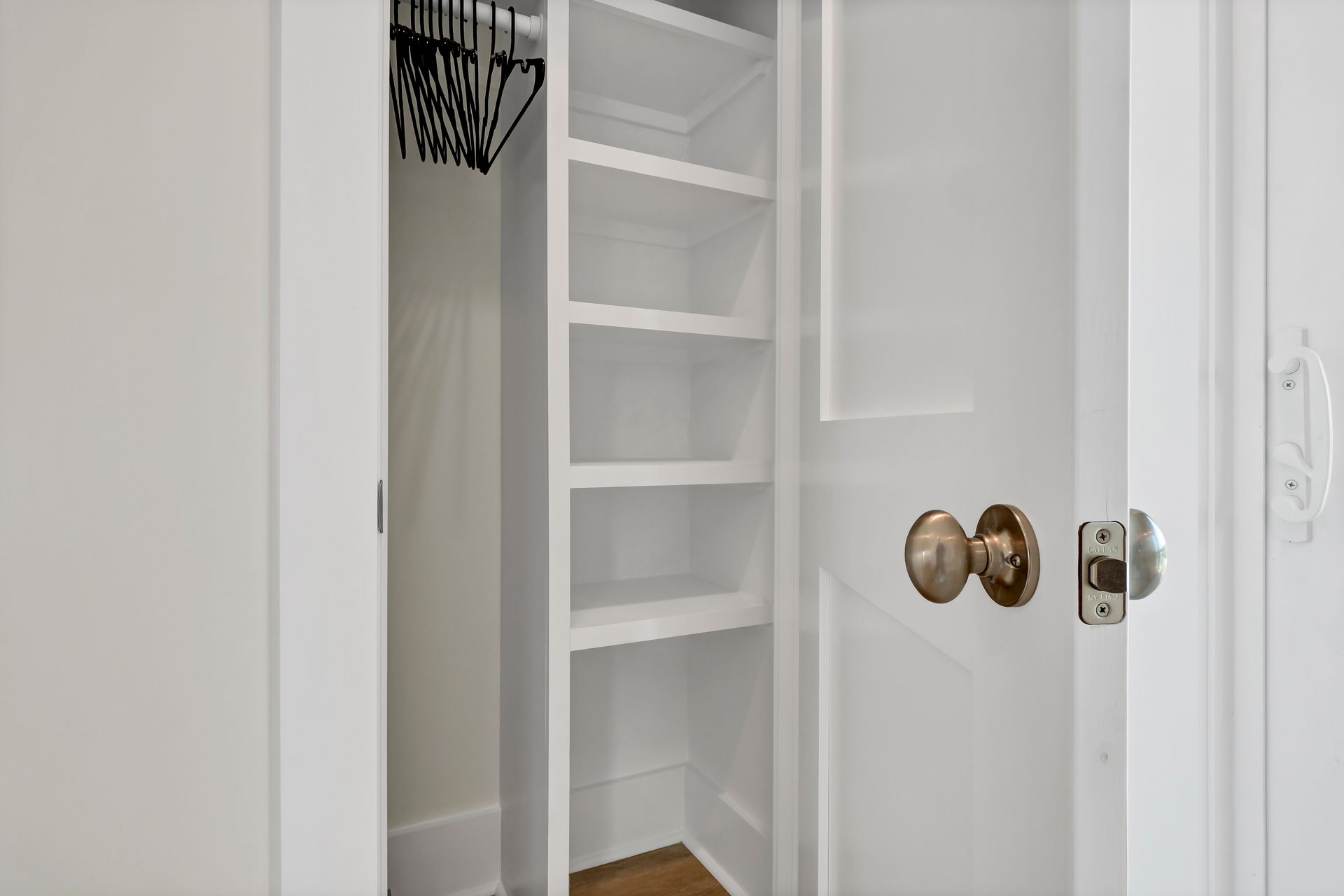 White closet interior with shelves and hanging rod. Brass doorknob on right.