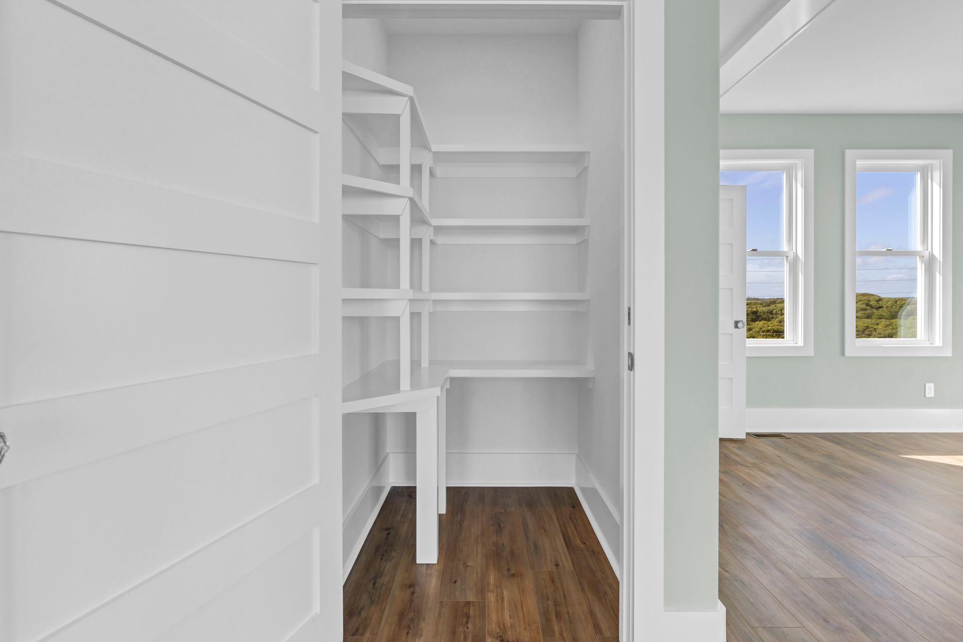 White pantry with built-in shelves. Door is open. Room has hardwood floor, mint walls, windows.