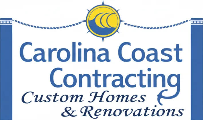 Carolina Coast Contracting logo with nautical theme. Blue pillars, rope, and compass rose emblem.