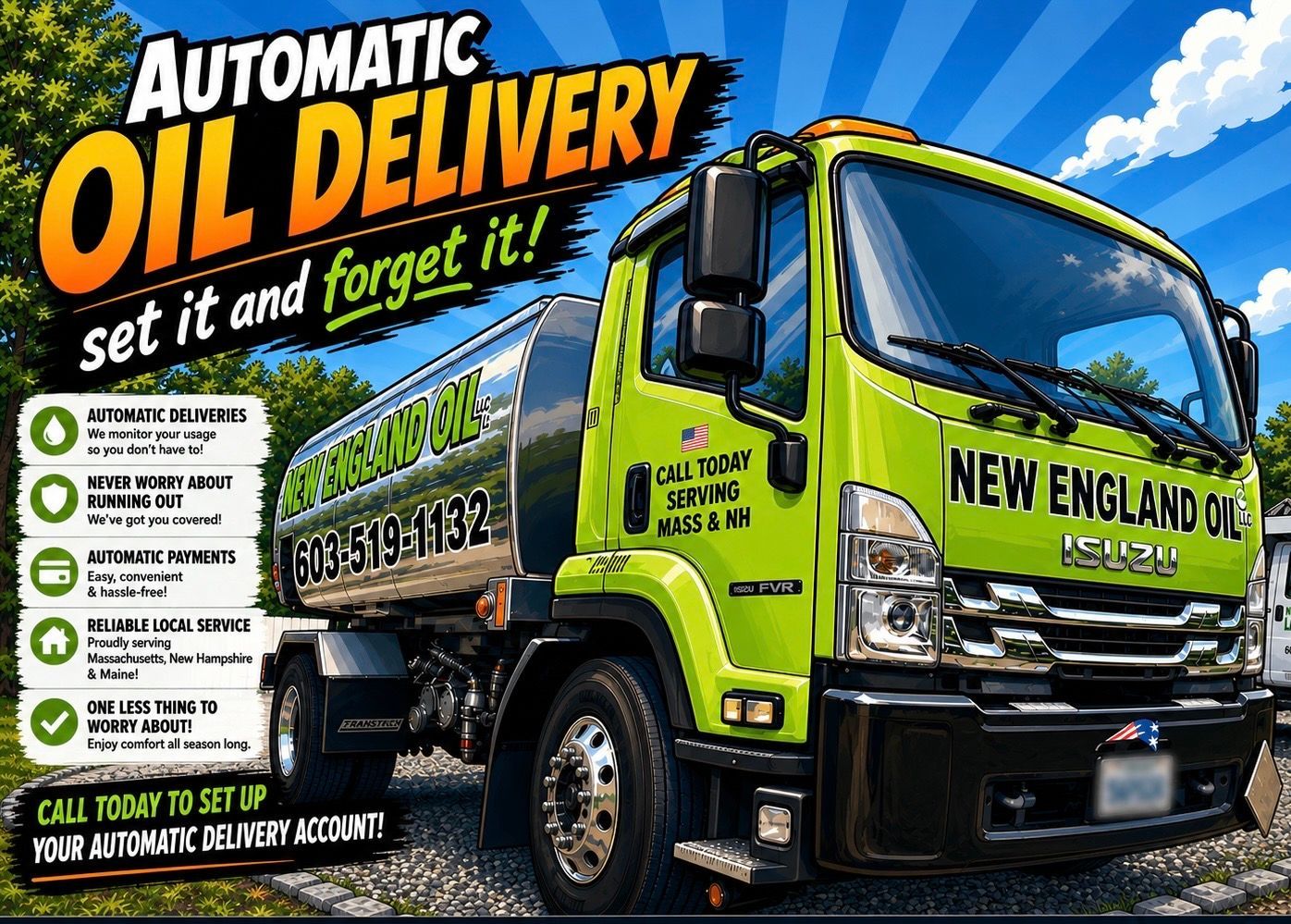 Green oil delivery truck advertisement with Automatic Oil Delivery text