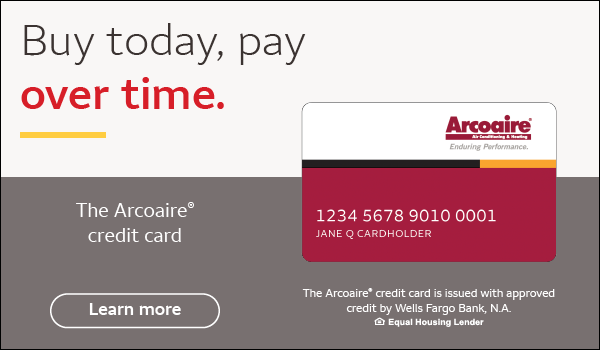 Advertisement for Arcoaire credit card: buy now, pay later for home comfort systems. Features: revolving credit, special financing.