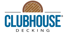 The logo for clubhouse decking is blue and brown.