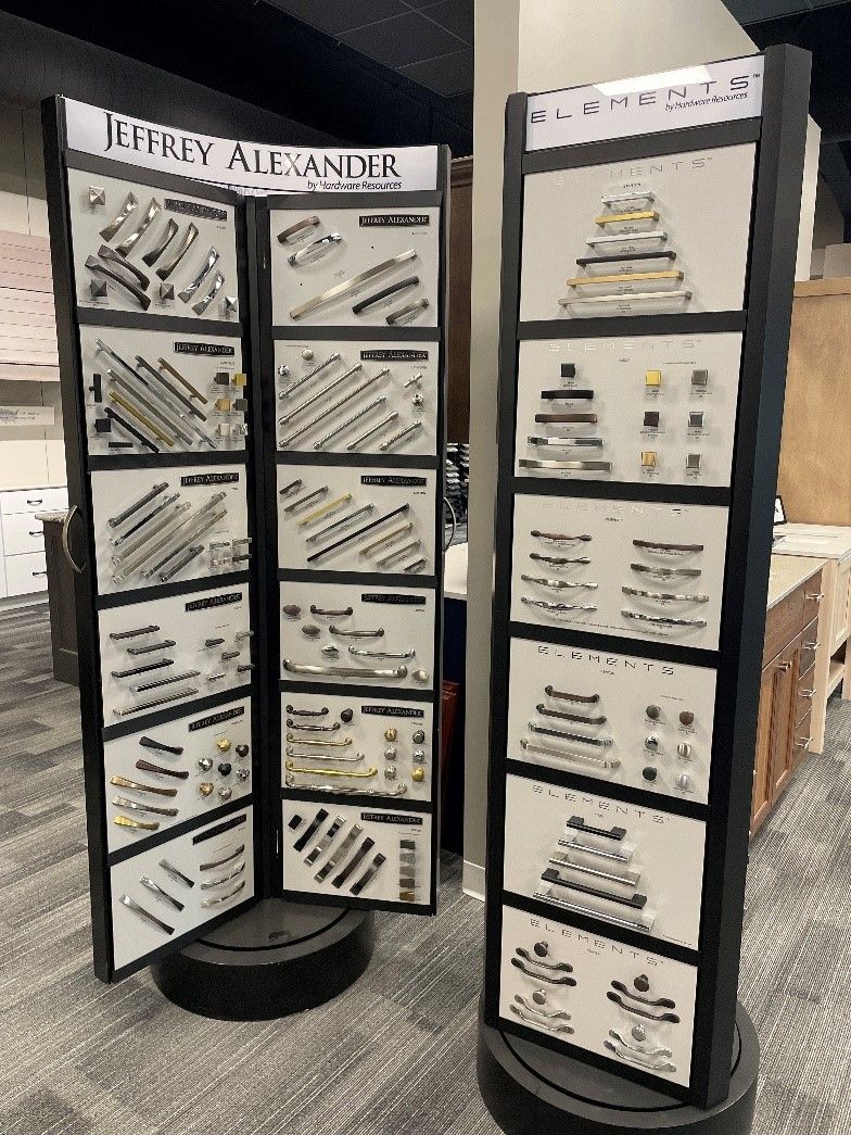 A display of cabinet handles and knobs in a store.