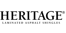 The logo for heritage laminated asphalt shingles is black and white.