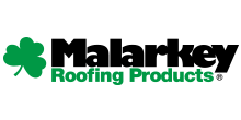 The logo for malarkey roofing products has a green clover on it.