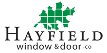 A logo for hayfield window and door company