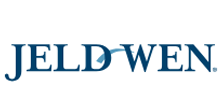 The logo for jeld wen is blue and white on a white background.