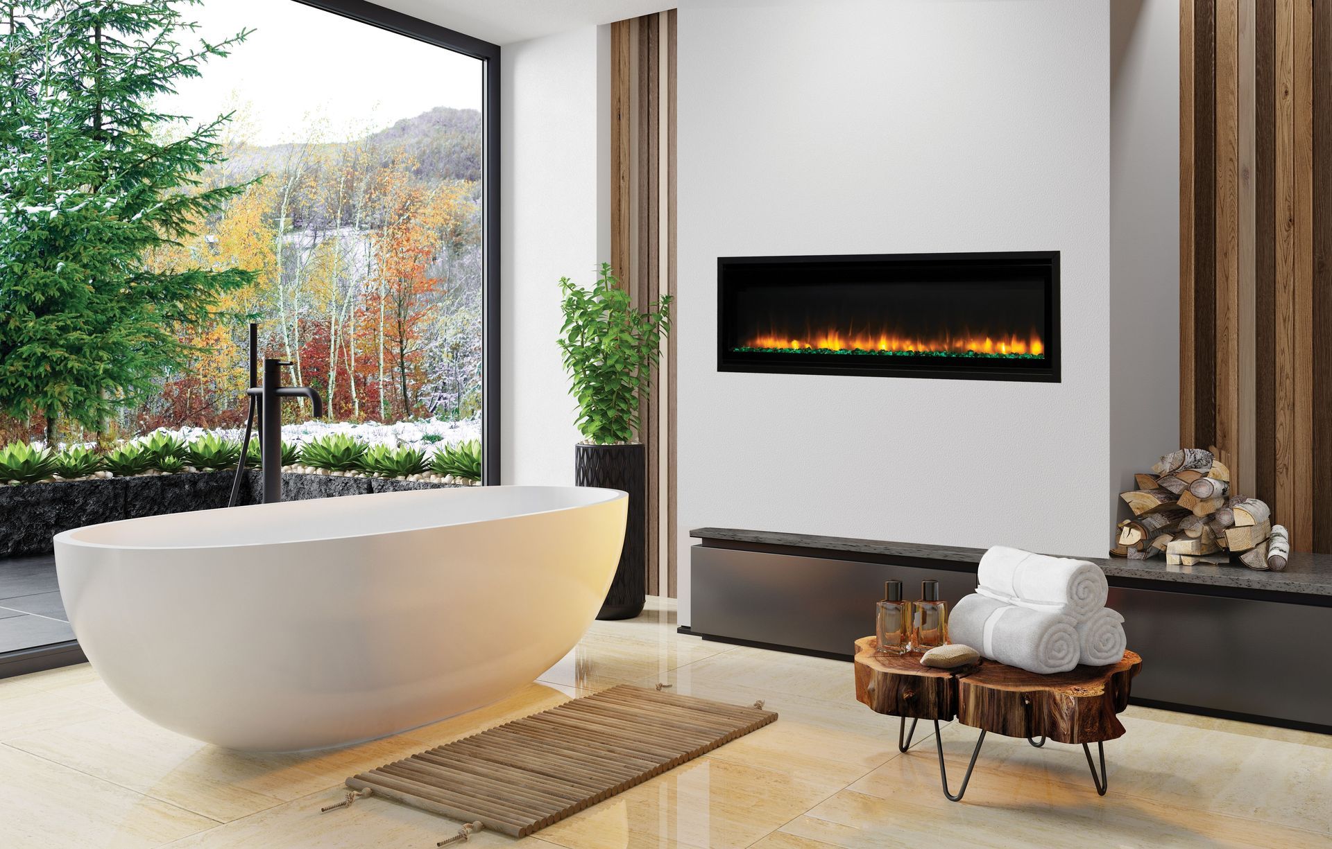 Modern bathroom with a freestanding tub, fireplace, and large window overlooking a garden