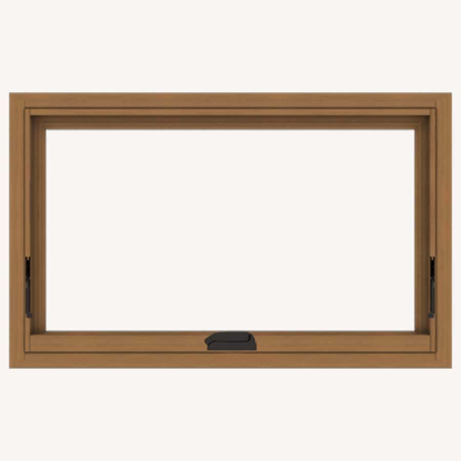 A wooden window frame with a black handle on a white background.