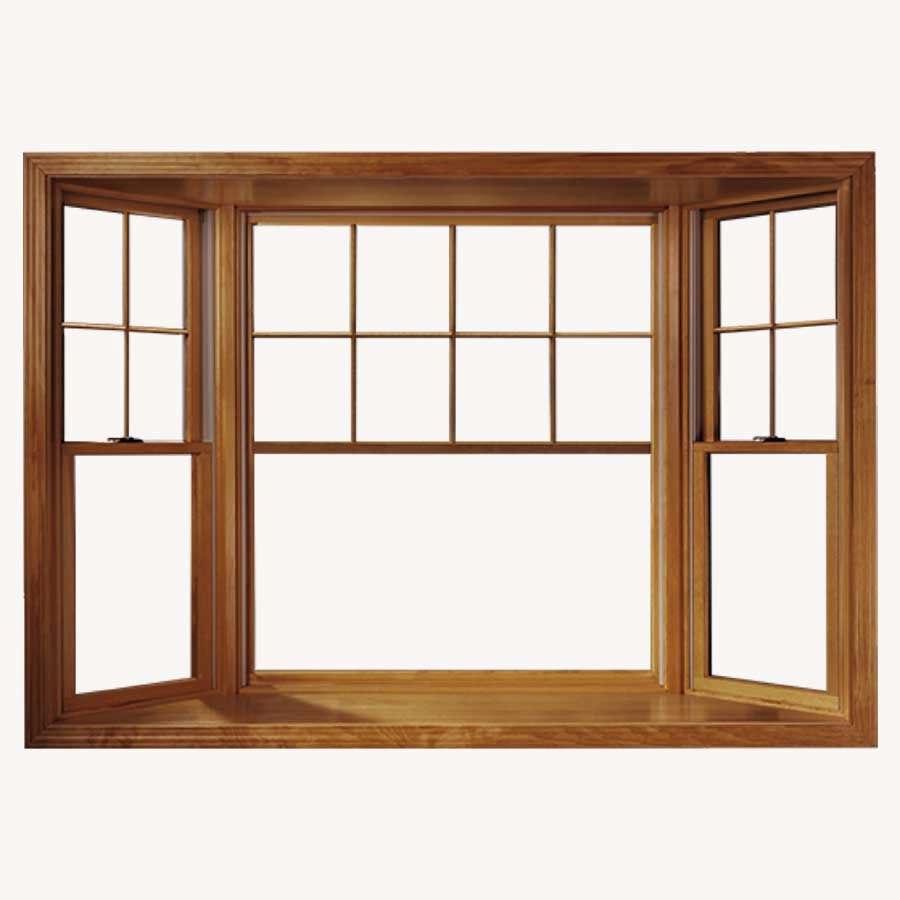 A large wooden bay window with a white background.