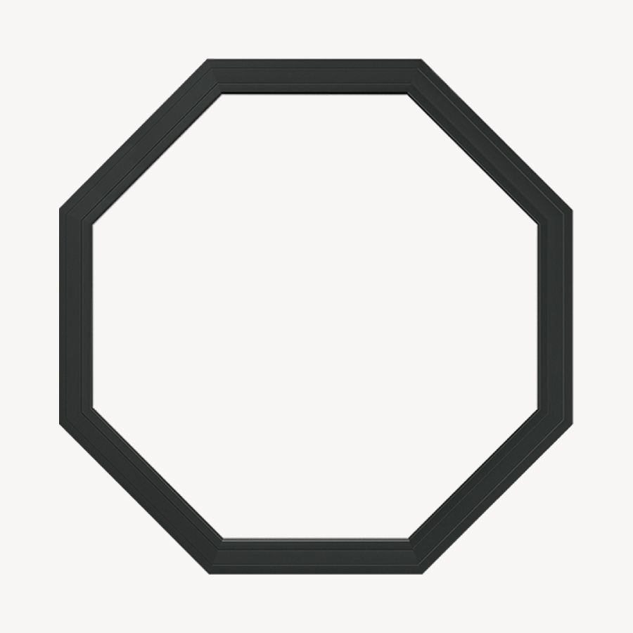 A black octagon-shaped window with a white border on a white background.