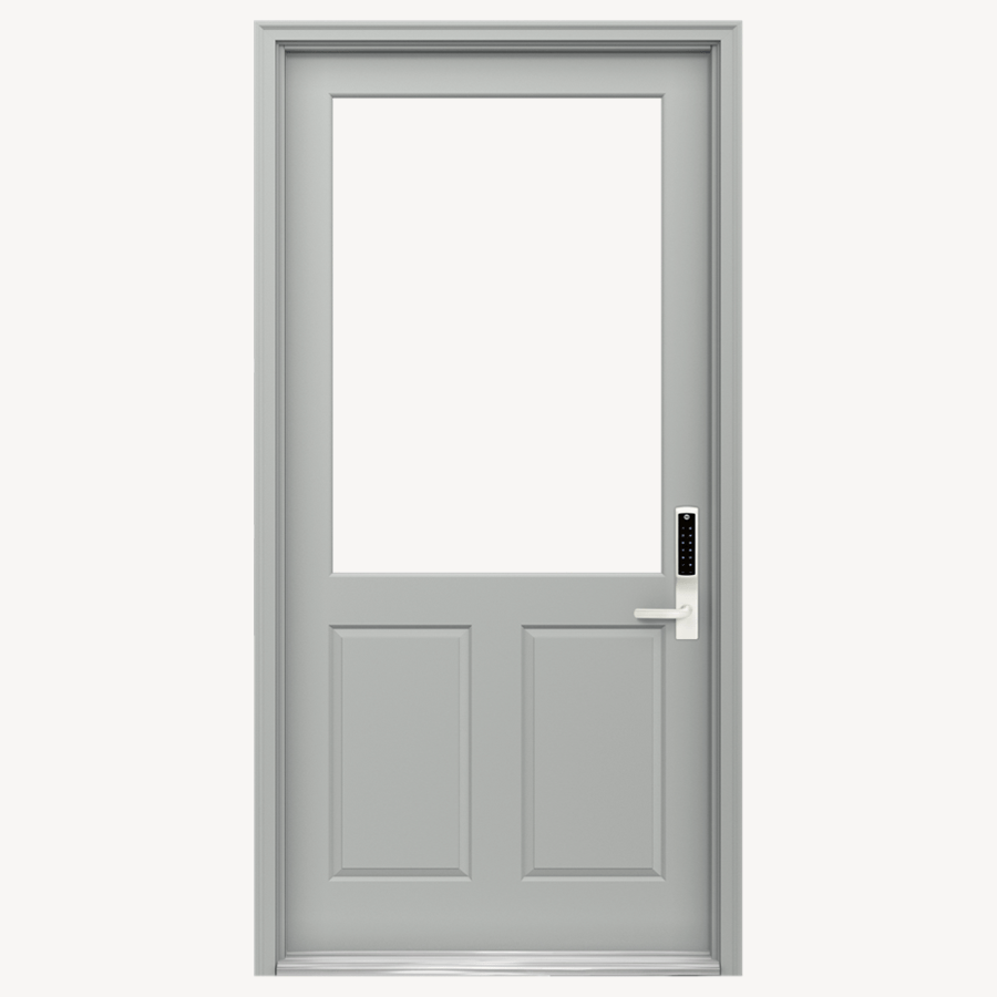 A gray door with a glass window and a keypad on a white background.