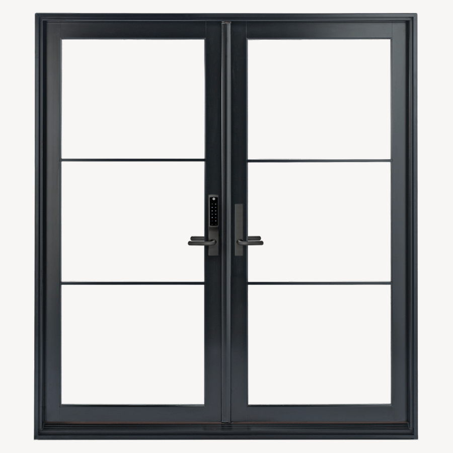 A picture of a black sliding glass door on a white background.