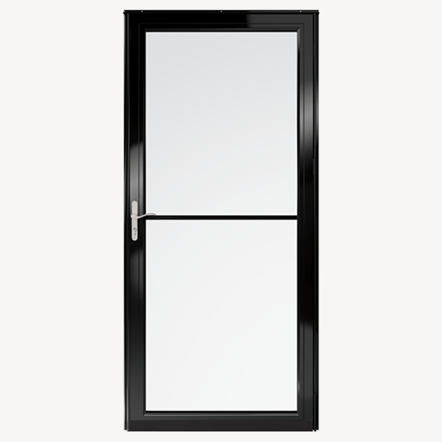 A black glass door with a handle on a white background.