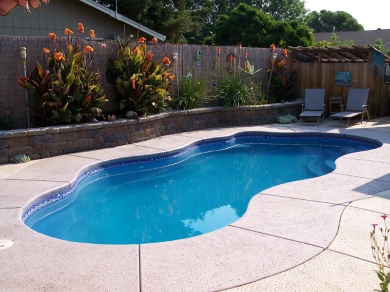 Swimming pool with blue water and concrete patio, bordered by a retaining wall with plants and a wooden fence.