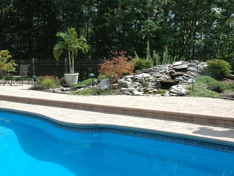 Poolside landscape with a small waterfall feature and potted palm tree.