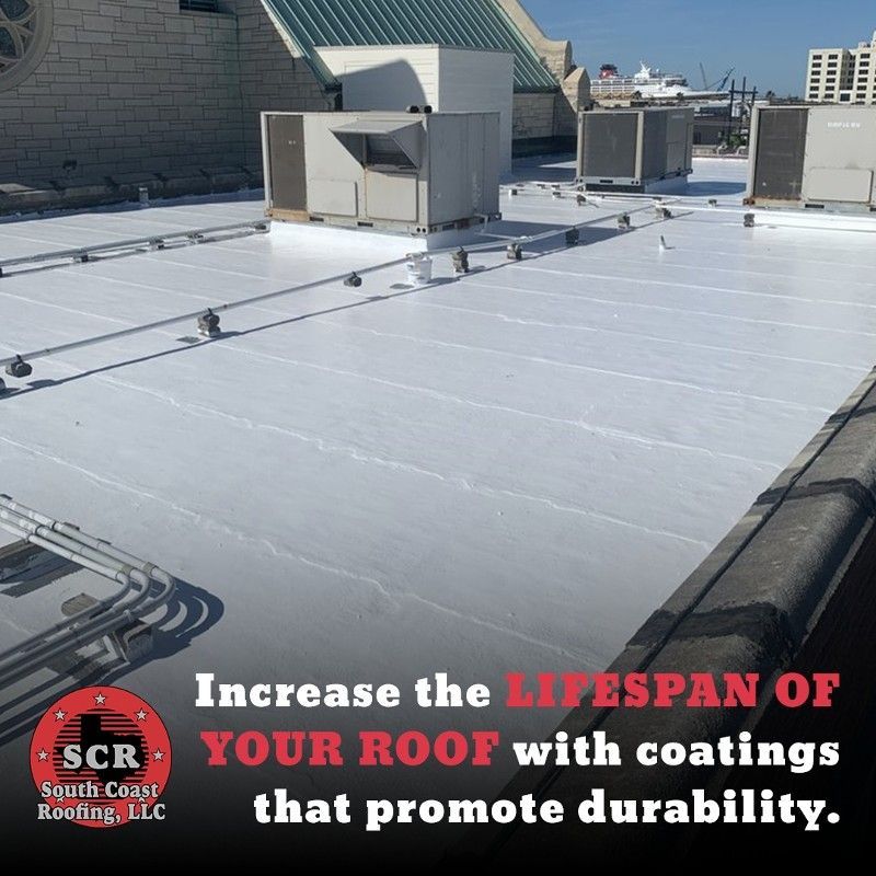 A picture of a roof with the words increase the lifespan of your roof with coatings that promote durability