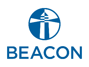 A blue and white beacon logo on a white background