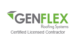 The logo for genflex roofing systems is a certified licensed contractor.