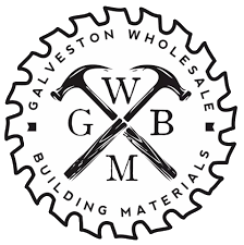 A black and white logo for galveston wholesale building materials.