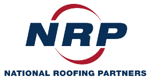 The logo for national roofing partners is blue and red.