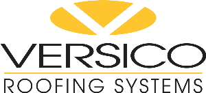 The logo for versico roofing systems is yellow and black.