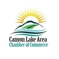 Canyon Lake Area Chamber of Commerce logo with sun, mountains, water, and text.
