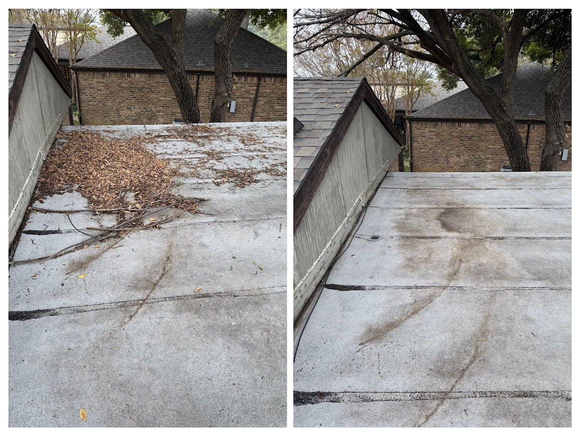 Before and after comparison of a flat roof cleaned of leaves.