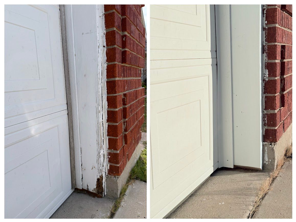 Comparison of a garage door frame before and after repair. The frame is white against red brick.