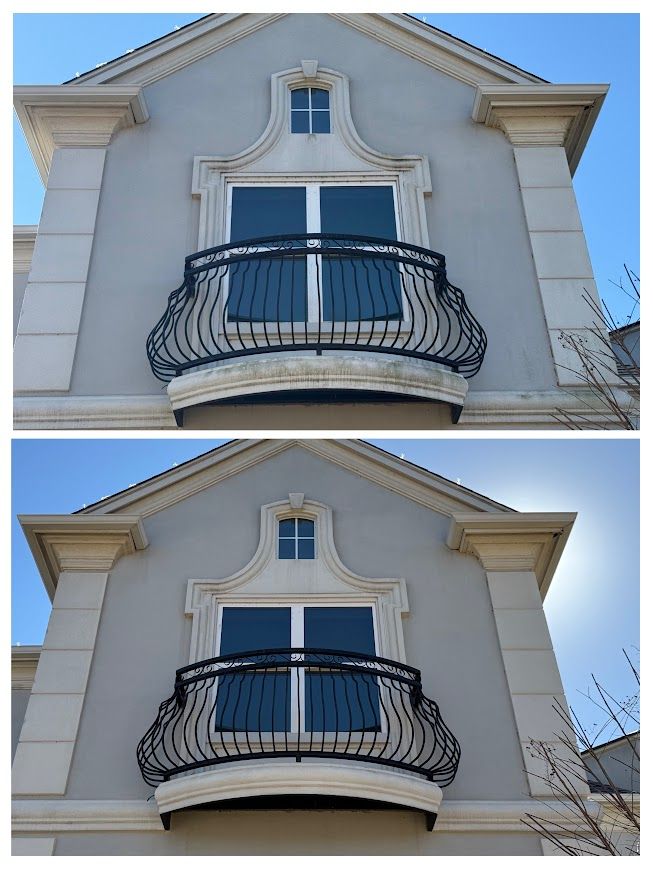 Top: Two-story house with balcony; dirty balcony. Bottom: The same house; the balcony has been cleaned.