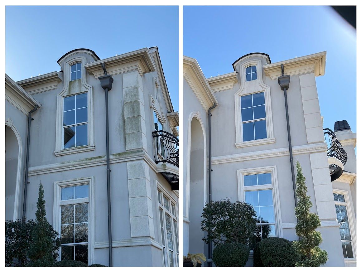 Two side-by-side images of a house exterior. Left side is dirty; right side is clean after a power wash.
