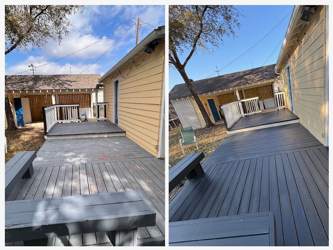 Two photos of a weathered gray wooden deck attached to a light yellow building. Blue sky.