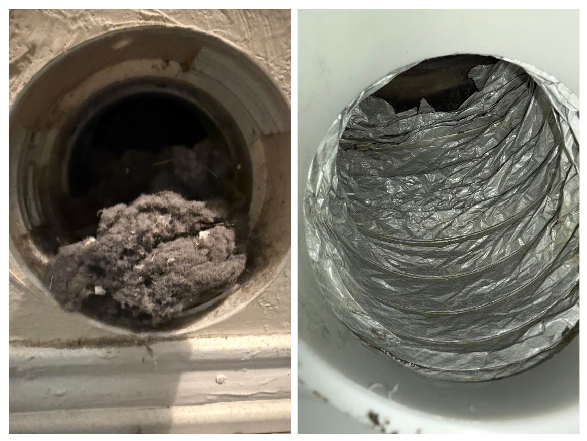 Two images: Dryer vent opening filled with lint, and a lint-filled dryer exhaust tube.