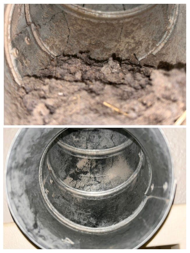 Top: close-up of a dirty, debris-filled metal pipe. Bottom: same pipe, cleaned, with some residue remaining.