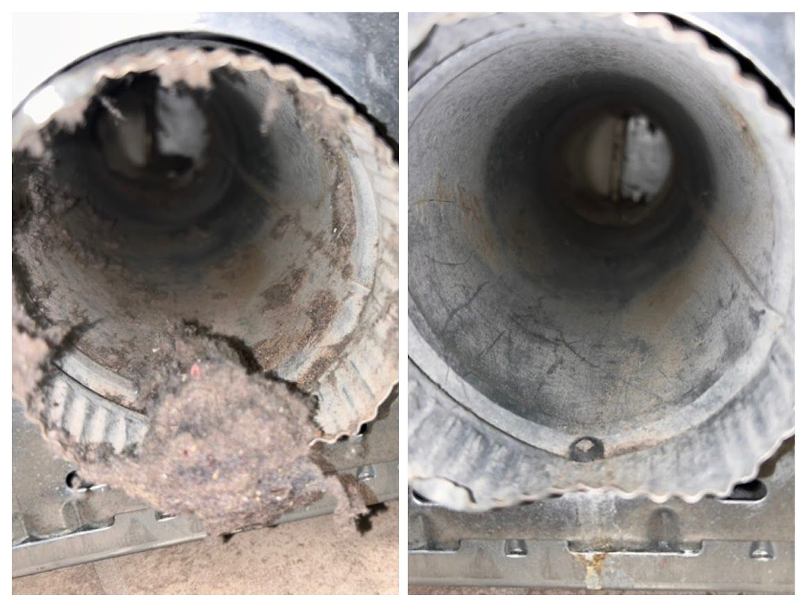 Before and after of a dryer vent duct cleaning. One side shows clogged lint, the other is clean.