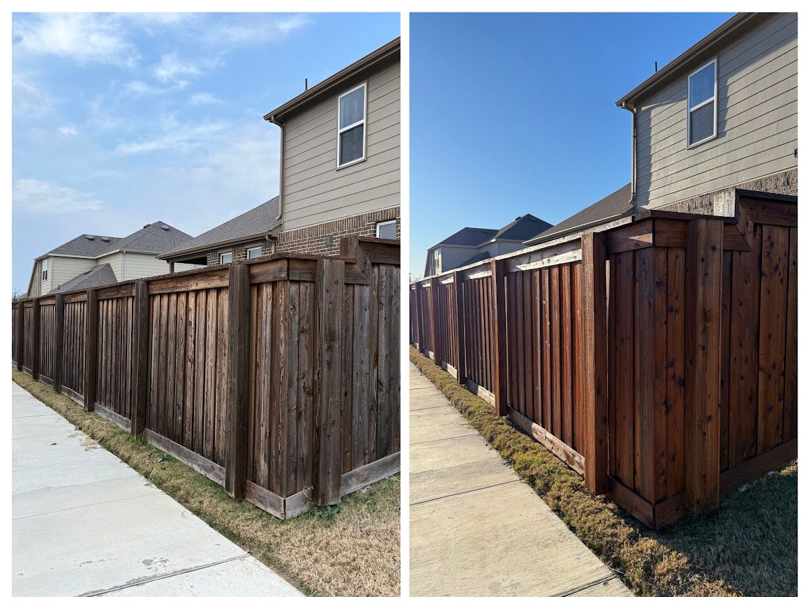 Side-by-side comparison: wooden fence before and after staining. Before: weathered brown. After: rich brown.