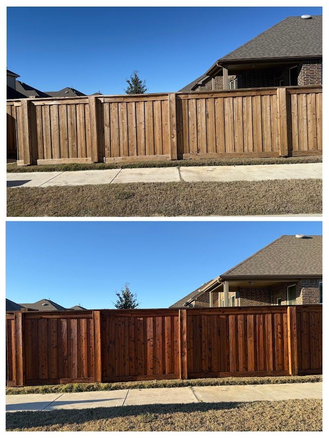 Before and after of a wooden fence, weathered then stained deep brown, against a blue sky.