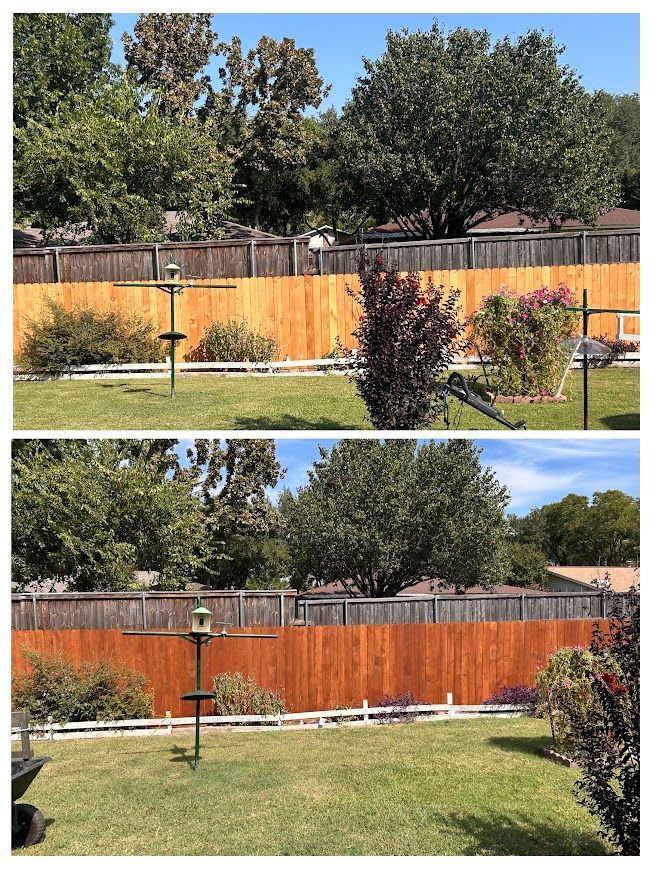 Top image: Backyard fence before stain. Bottom image: Backyard fence stained reddish-brown.