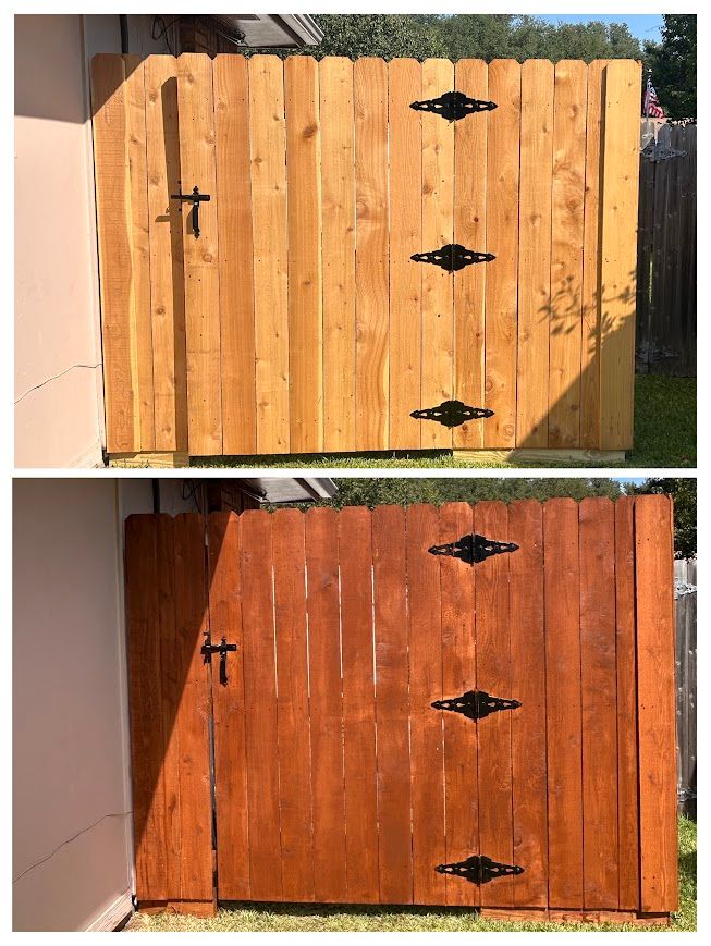 Top: Wooden gate, stained light brown. Bottom: Same gate, stained dark brown.