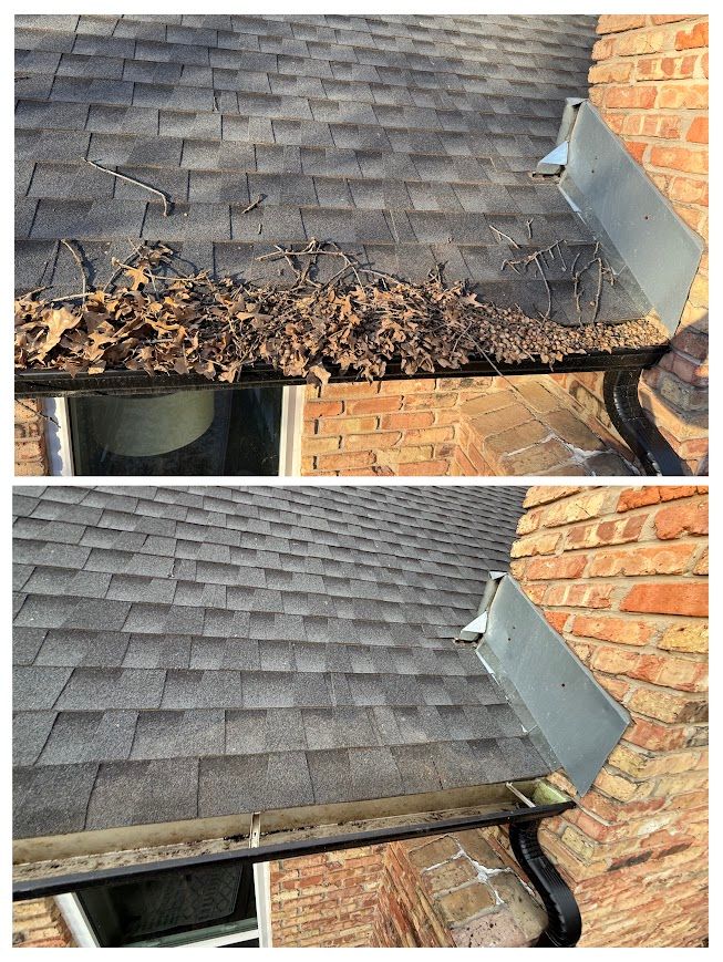 Top: Gutter filled with leaves. Bottom: Clean gutter. Shingles and brick wall visible.