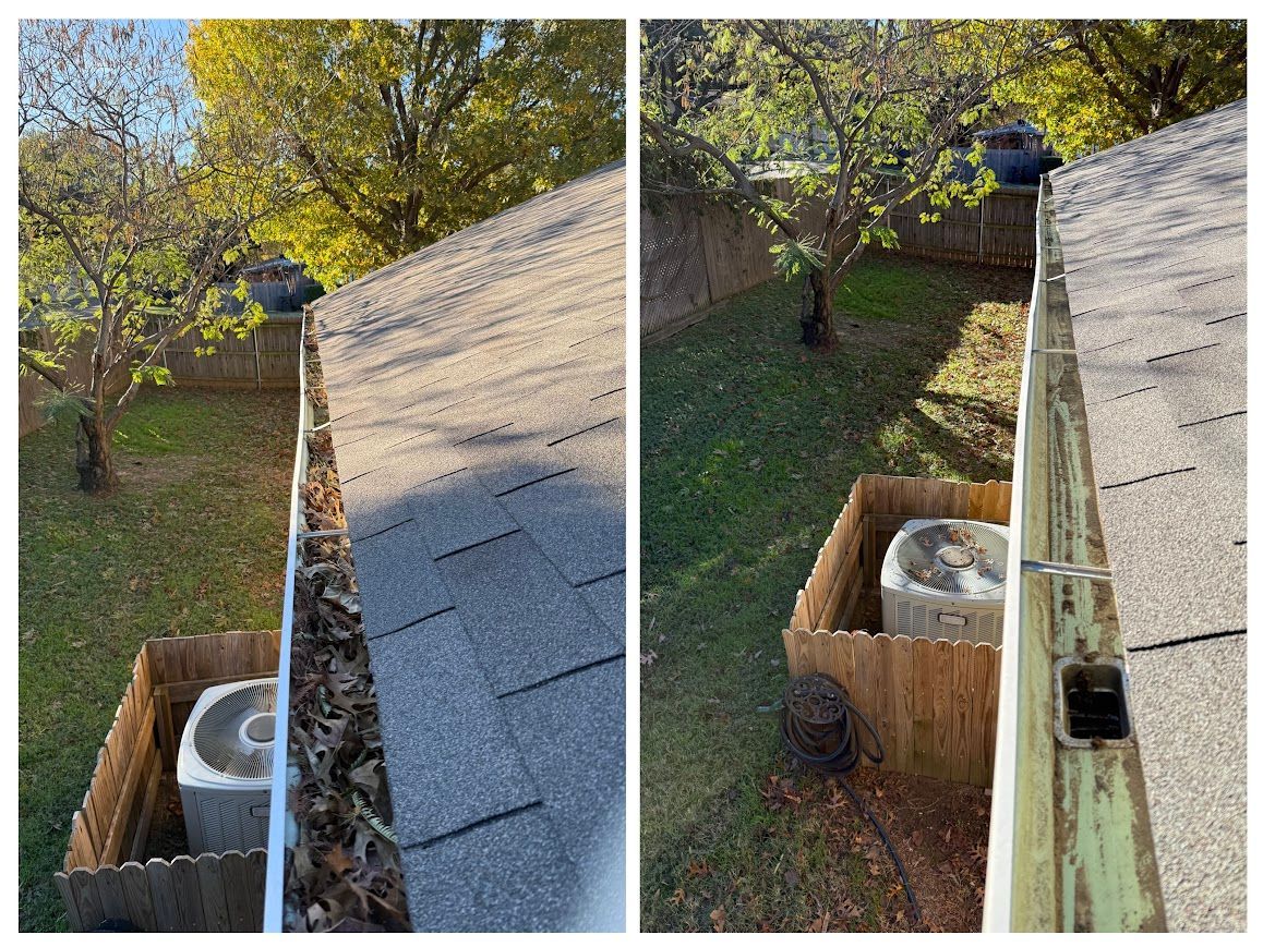 Left: Gutter full of leaves. Right: Clean gutter. Residential backyard with AC unit.